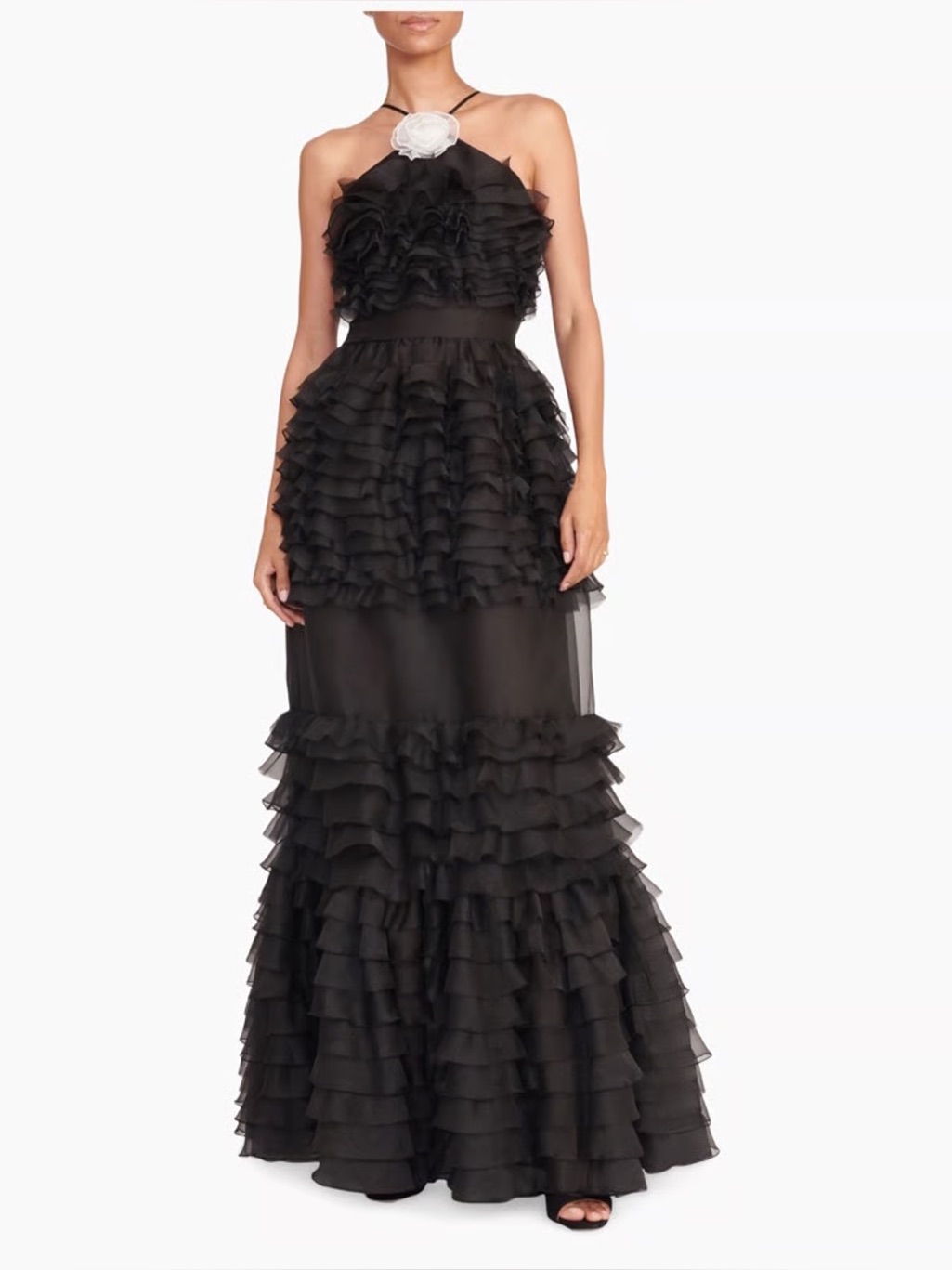 Staud Black Strapless Ruffled Tiered Evening Gown. Florian Black Dress